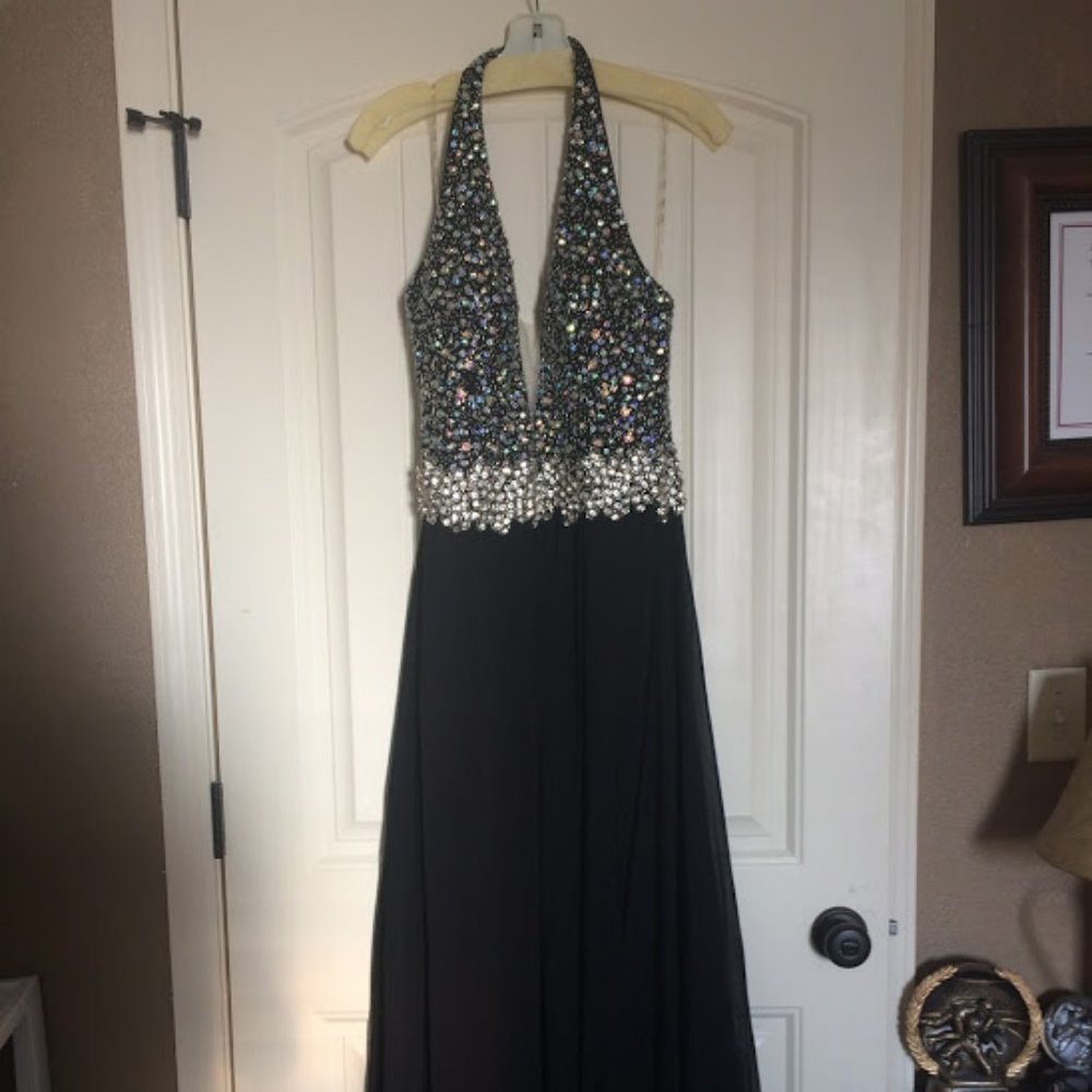 Jooy Couture black halter beaded slit prom dress